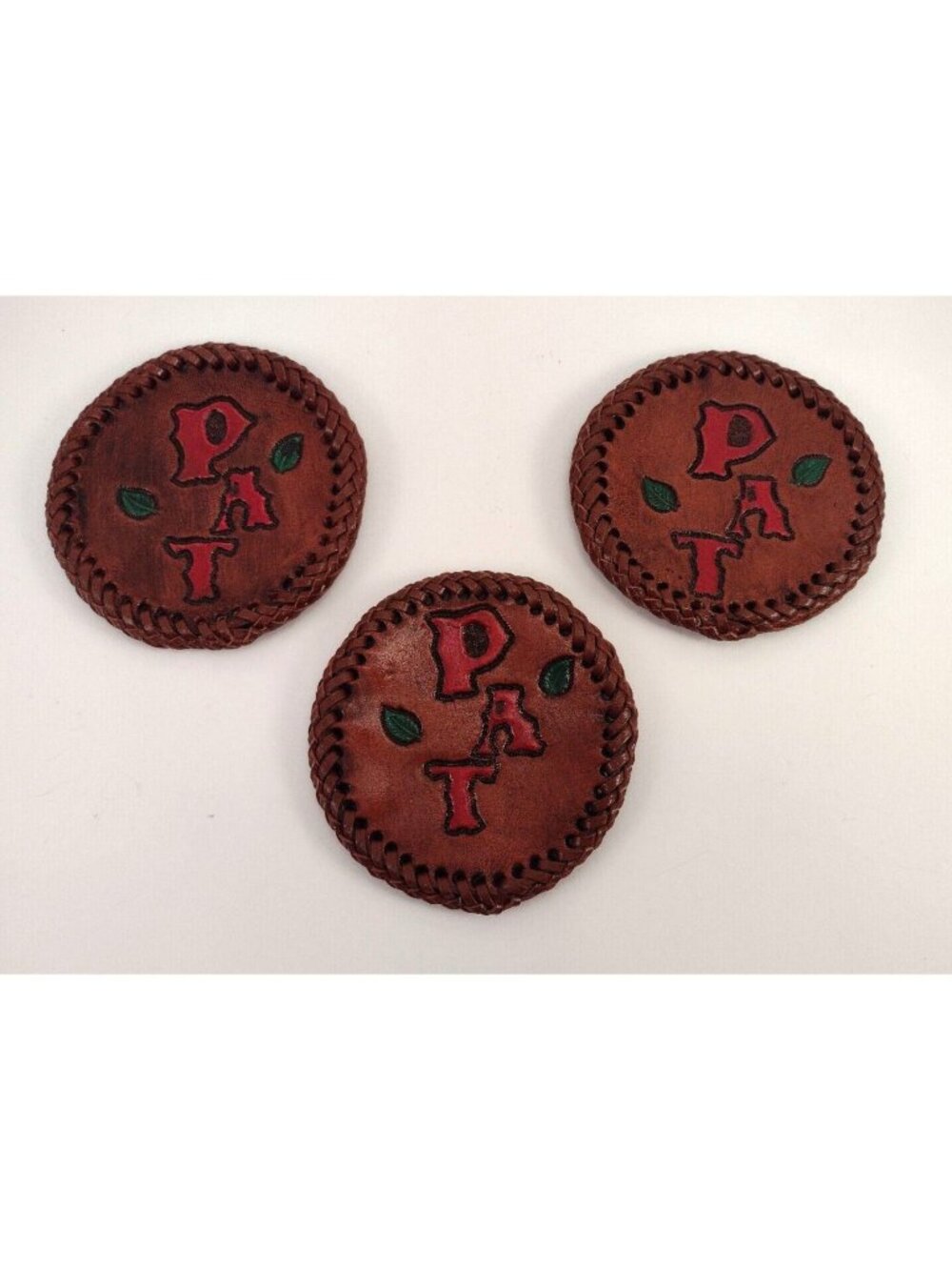 Vtg Handmade Leather Coasters Braided Cowboy Western Pat Patricia Set Of 3